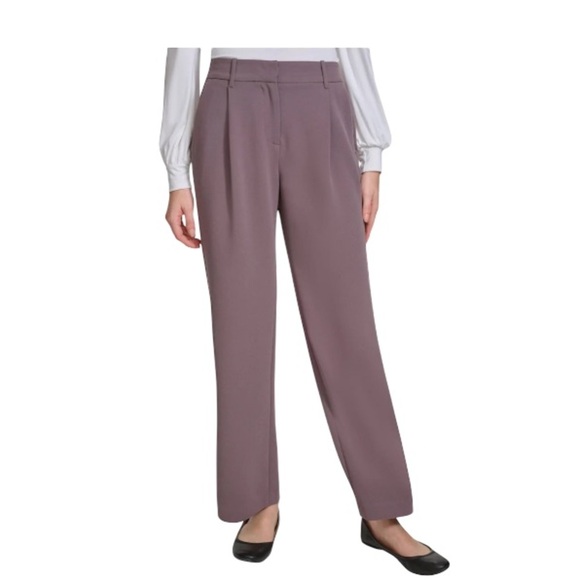 DKNY Wide Leg Pants Trousers Taupe Brown Pockets One Pleat Elastic Waistband 8 - Picture 1 of 11